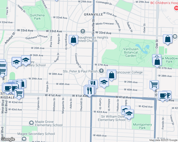 map of restaurants, bars, coffee shops, grocery stores, and more near in Vancouver