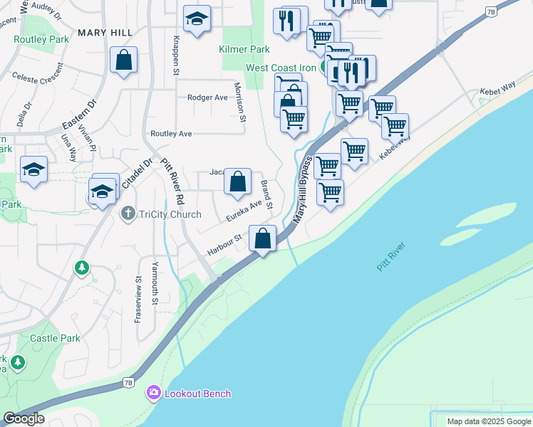 map of restaurants, bars, coffee shops, grocery stores, and more near 1216 Brand Street in Port Coquitlam