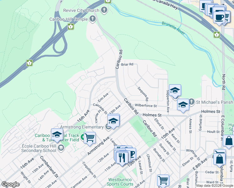 map of restaurants, bars, coffee shops, grocery stores, and more near 7517 Cariboo Road in Burnaby