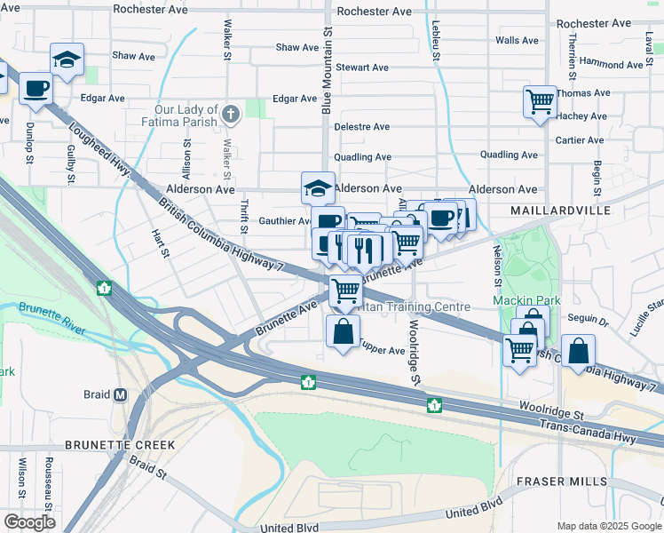 map of restaurants, bars, coffee shops, grocery stores, and more near in Coquitlam