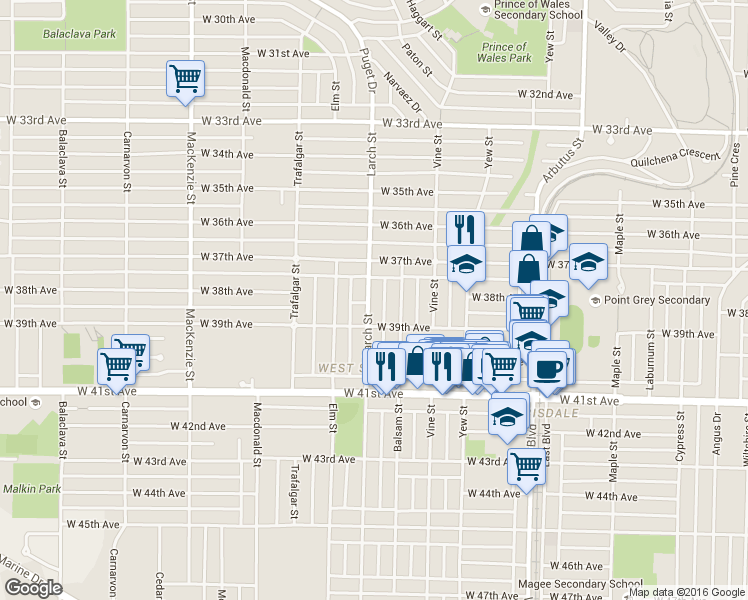 map of restaurants, bars, coffee shops, grocery stores, and more near in Vancouver