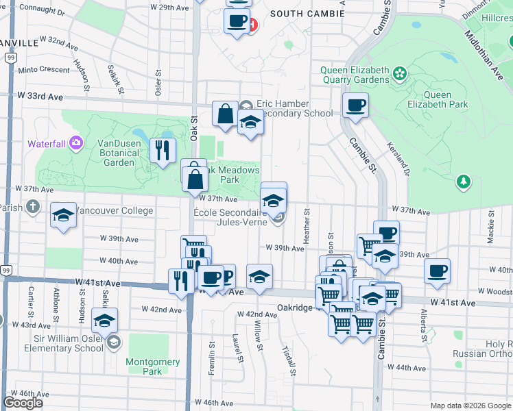 map of restaurants, bars, coffee shops, grocery stores, and more near 810 West 37th Avenue in Vancouver