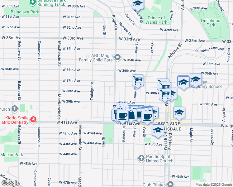 map of restaurants, bars, coffee shops, grocery stores, and more near 5406 Larch Street in Vancouver