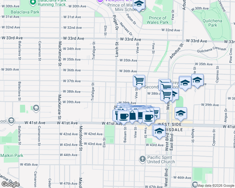 map of restaurants, bars, coffee shops, grocery stores, and more near 5406 Larch Street in Vancouver