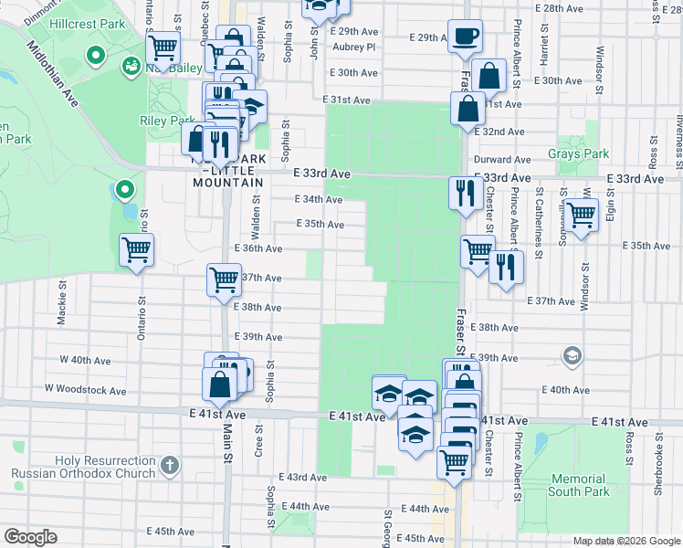 map of restaurants, bars, coffee shops, grocery stores, and more near 423 East 37th Avenue in Vancouver