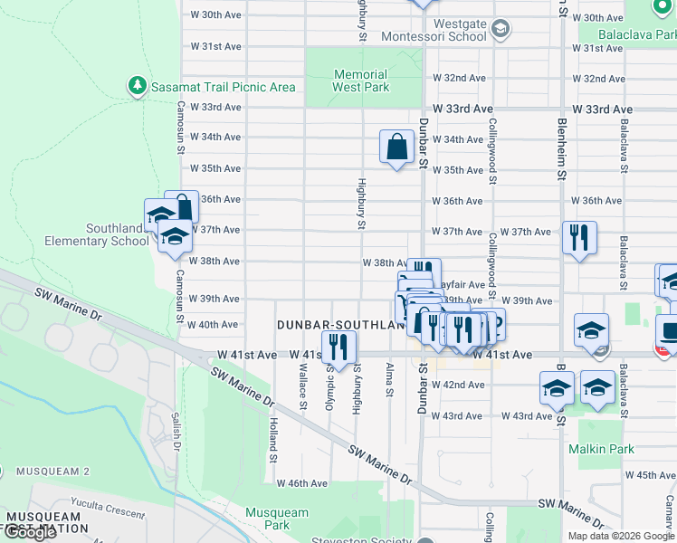 map of restaurants, bars, coffee shops, grocery stores, and more near 3838 West 38th Avenue in Vancouver
