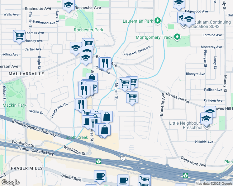 map of restaurants, bars, coffee shops, grocery stores, and more near Myrnam Street in Coquitlam