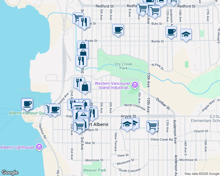 map of restaurants, bars, coffee shops, grocery stores, and more near 4703 Strathern Street in Port Alberni
