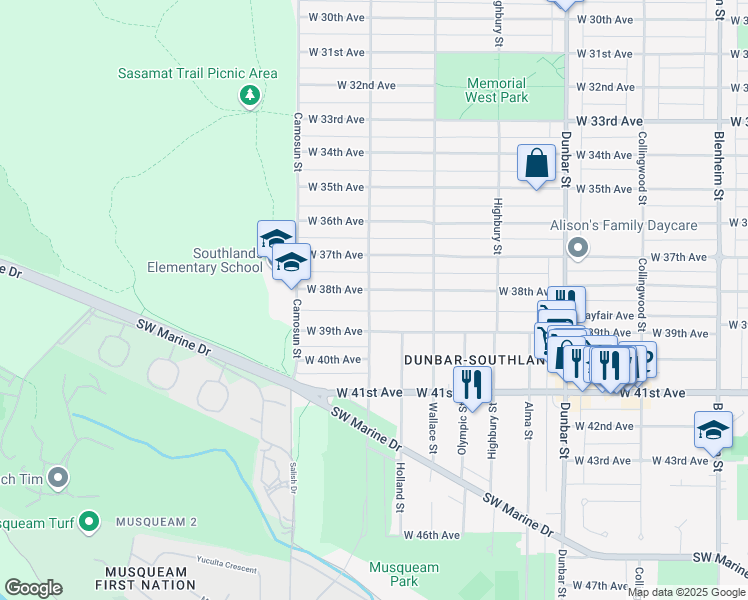 map of restaurants, bars, coffee shops, grocery stores, and more near 3996 West 38th Avenue in Vancouver