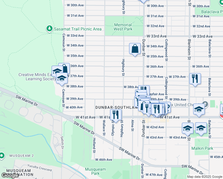 map of restaurants, bars, coffee shops, grocery stores, and more near 3862 West 38th Avenue in Vancouver