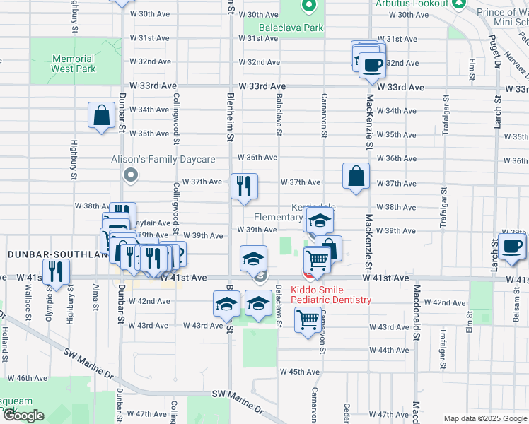 map of restaurants, bars, coffee shops, grocery stores, and more near 3232 West 38th Avenue in Vancouver