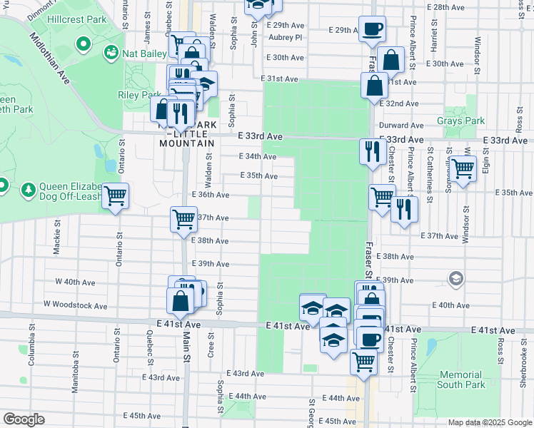map of restaurants, bars, coffee shops, grocery stores, and more near 5280 Prince Edward Street in Vancouver