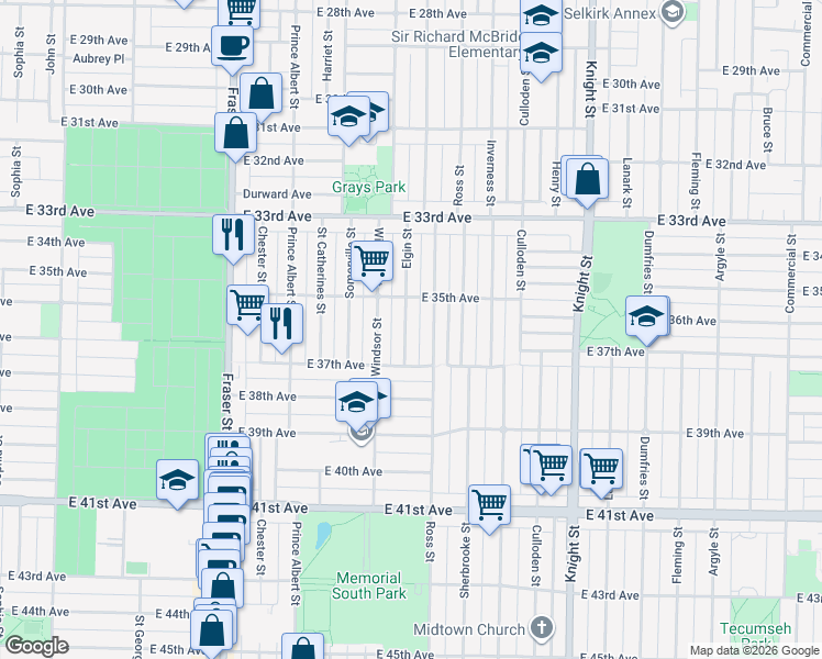 map of restaurants, bars, coffee shops, grocery stores, and more near 5250 Elgin Street in Vancouver