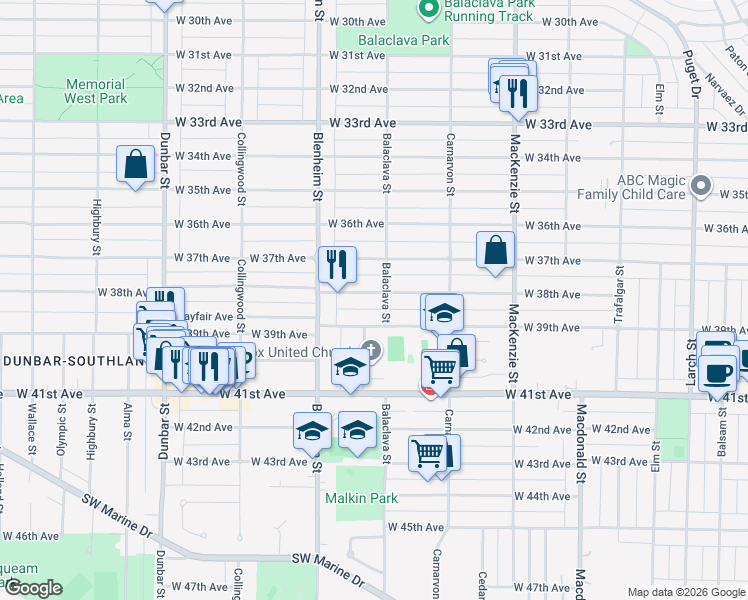 map of restaurants, bars, coffee shops, grocery stores, and more near 3218 West 38th Avenue in Vancouver