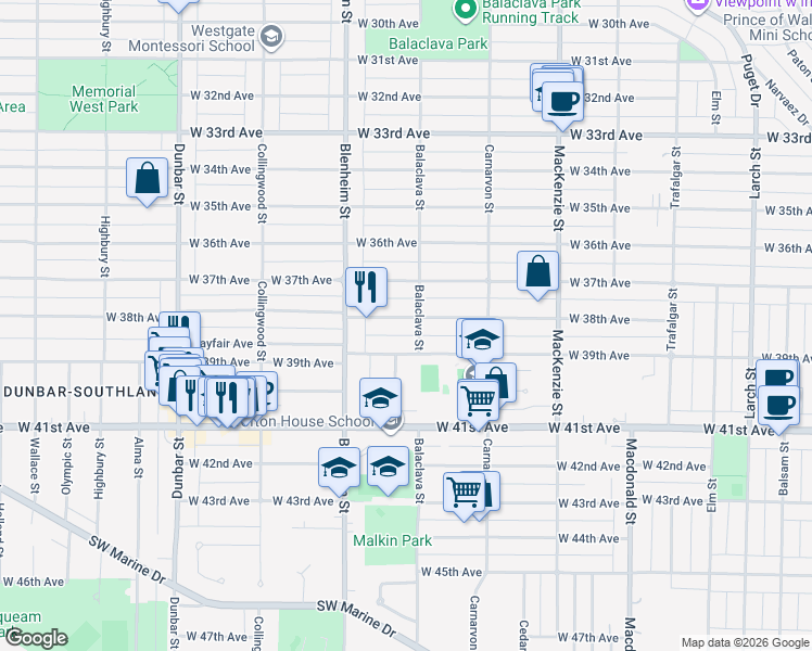 map of restaurants, bars, coffee shops, grocery stores, and more near 3218 West 38th Avenue in Vancouver