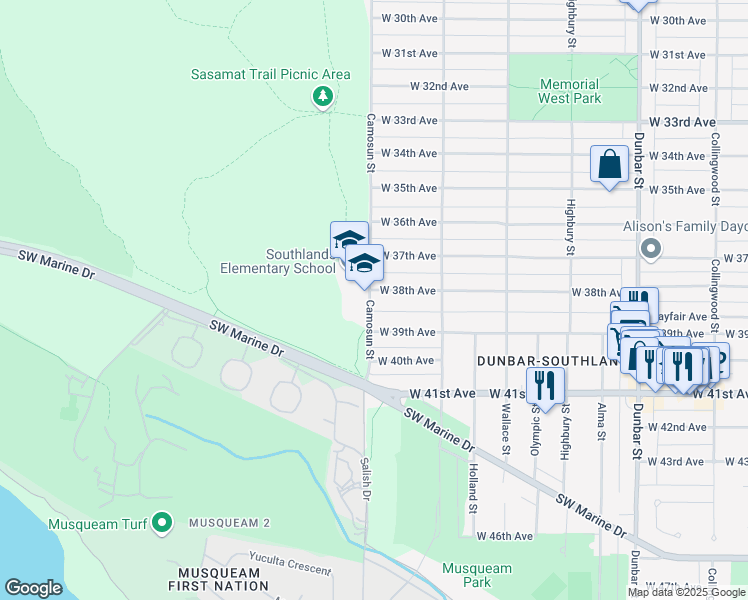 map of restaurants, bars, coffee shops, grocery stores, and more near 4094 West 38th Avenue in Vancouver