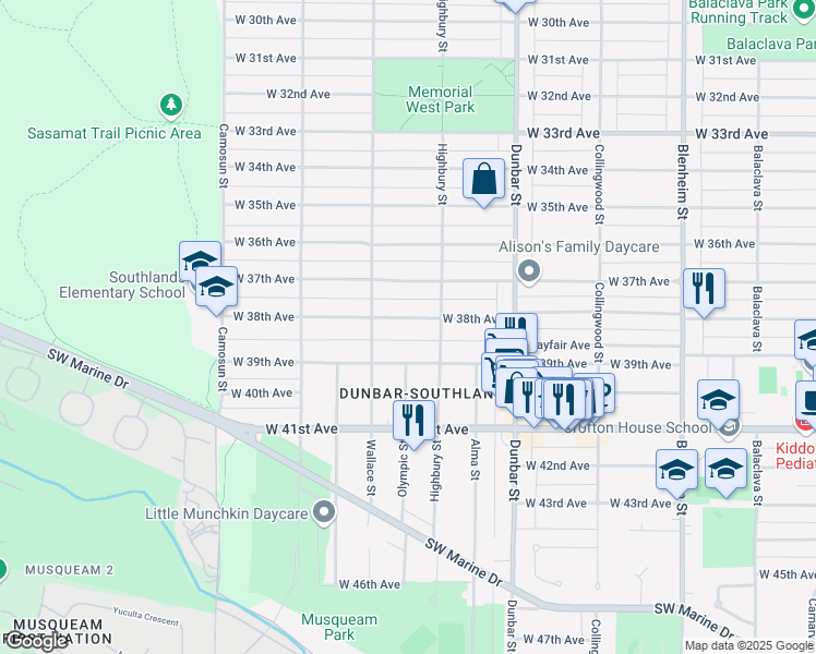 map of restaurants, bars, coffee shops, grocery stores, and more near 3848 West 38th Avenue in Vancouver