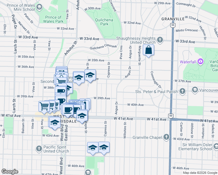 map of restaurants, bars, coffee shops, grocery stores, and more near 5362 Cypress Street in Vancouver