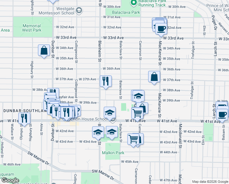 map of restaurants, bars, coffee shops, grocery stores, and more near in Vancouver