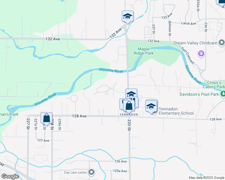 map of restaurants, bars, coffee shops, grocery stores, and more near 23100 129 Avenue in Maple Ridge