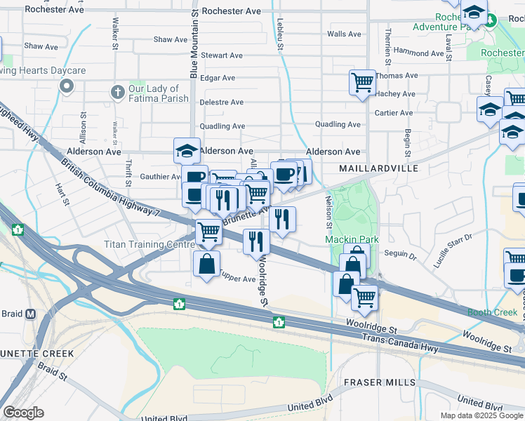 map of restaurants, bars, coffee shops, grocery stores, and more near Brunette Avenue in Coquitlam