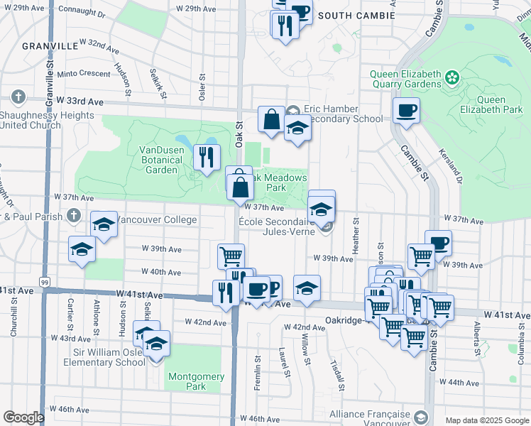 map of restaurants, bars, coffee shops, grocery stores, and more near 936 West 37th Avenue in Vancouver
