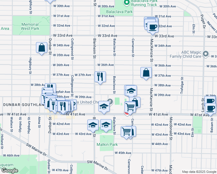 map of restaurants, bars, coffee shops, grocery stores, and more near 3232 West 38th Avenue in Vancouver