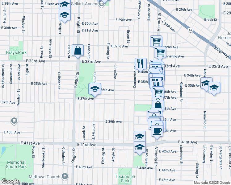 map of restaurants, bars, coffee shops, grocery stores, and more near 5222 Argyle Street in Vancouver