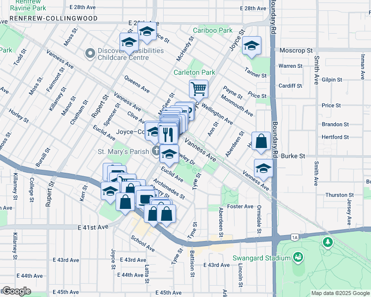 map of restaurants, bars, coffee shops, grocery stores, and more near in Vancouver