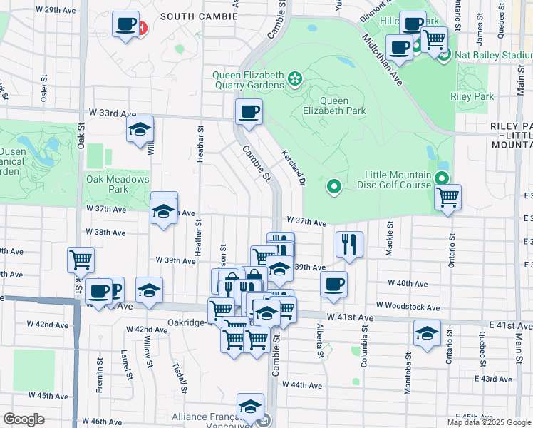 map of restaurants, bars, coffee shops, grocery stores, and more near in Vancouver