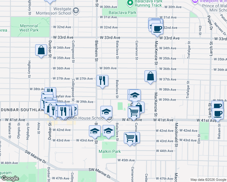 map of restaurants, bars, coffee shops, grocery stores, and more near in Vancouver
