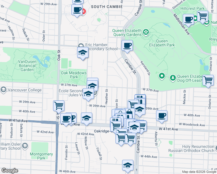 map of restaurants, bars, coffee shops, grocery stores, and more near West 37th Avenue in Vancouver