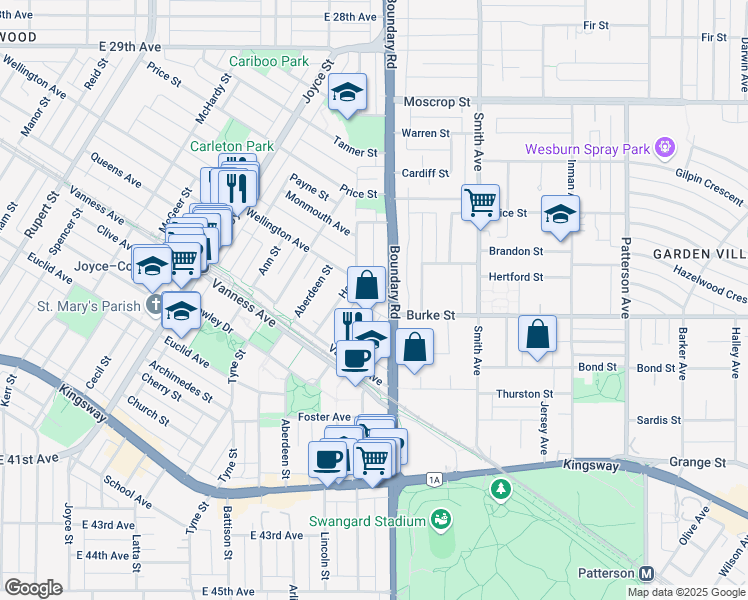map of restaurants, bars, coffee shops, grocery stores, and more near 6404 Wellington Avenue in Vancouver