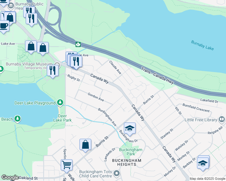 map of restaurants, bars, coffee shops, grocery stores, and more near 5570 Rugby Street in Burnaby