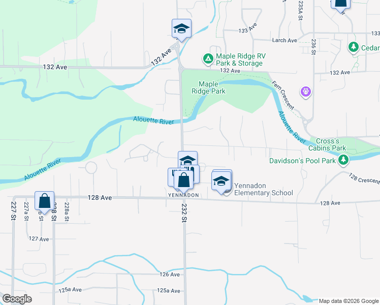 map of restaurants, bars, coffee shops, grocery stores, and more near 12968 232 Street in Maple Ridge