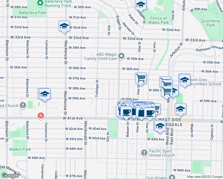 map of restaurants, bars, coffee shops, grocery stores, and more near 5390 Elm Street in Vancouver