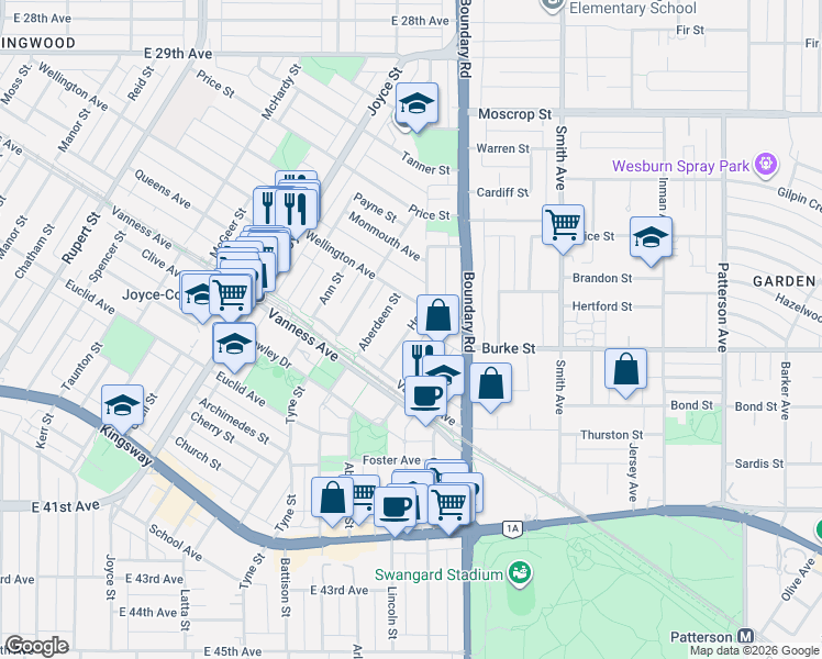 map of restaurants, bars, coffee shops, grocery stores, and more near Hoy Street in Vancouver