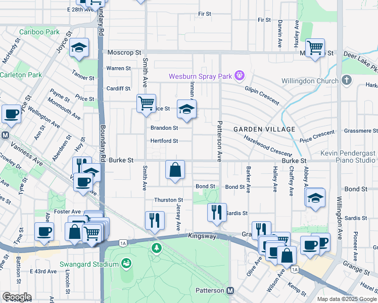 map of restaurants, bars, coffee shops, grocery stores, and more near 5161 Inman Avenue in Burnaby