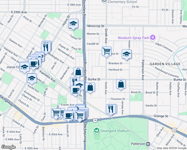 map of restaurants, bars, coffee shops, grocery stores, and more near 5180 Lorraine Avenue in Burnaby