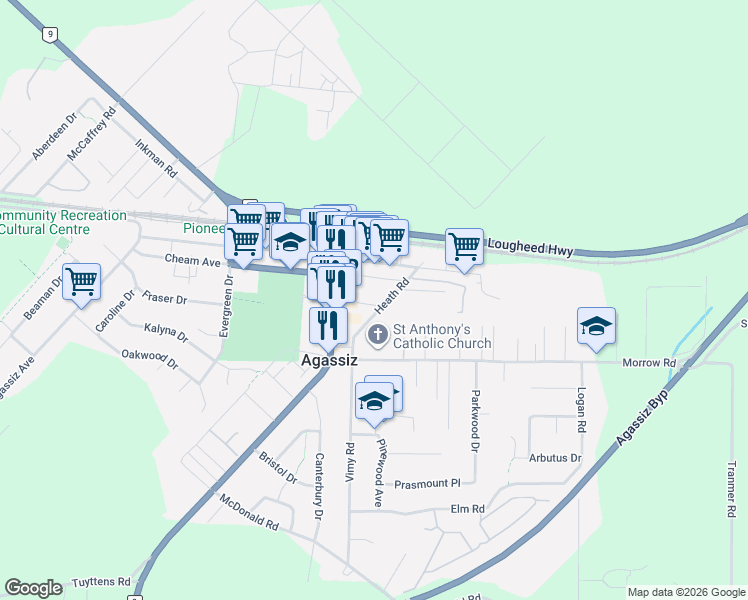 map of restaurants, bars, coffee shops, grocery stores, and more near 1829 Heath Road in Agassiz