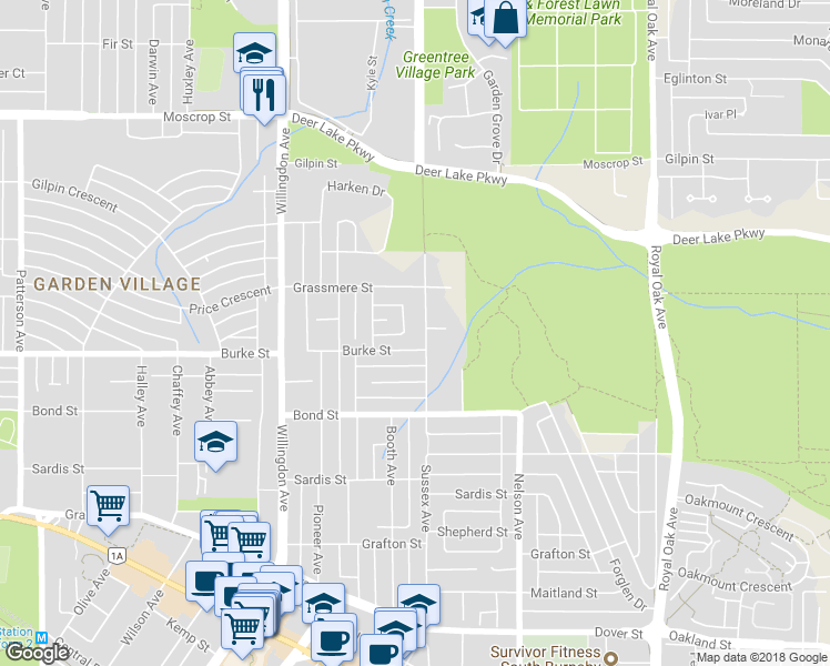 map of restaurants, bars, coffee shops, grocery stores, and more near 5179 Sussex Avenue in Burnaby