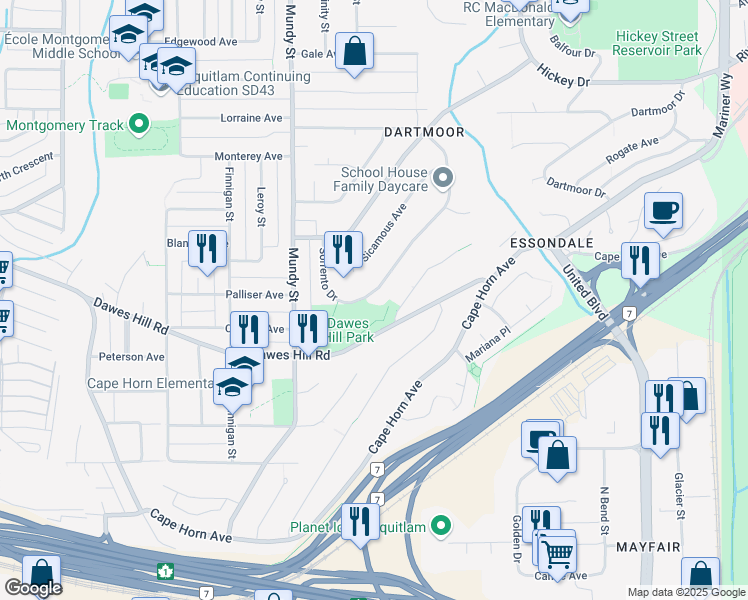 map of restaurants, bars, coffee shops, grocery stores, and more near 2230 Sorrento Drive in Coquitlam