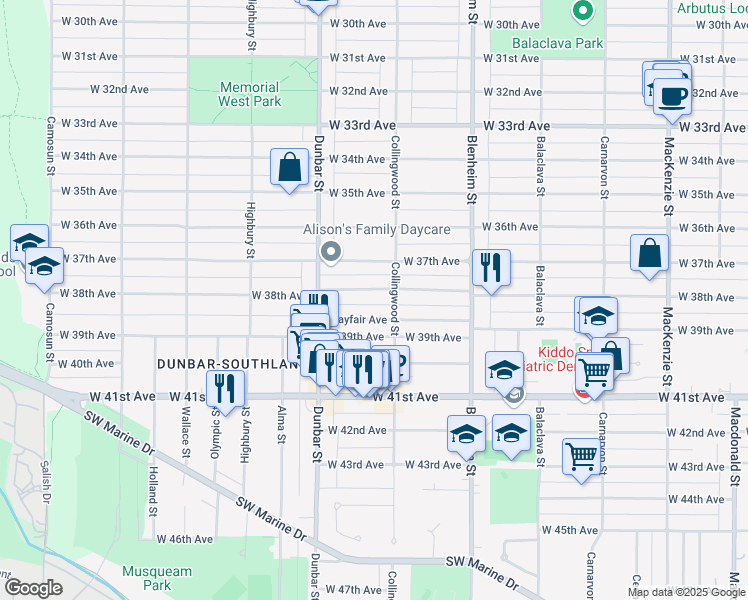 map of restaurants, bars, coffee shops, grocery stores, and more near 3526 West 38th Avenue in Vancouver