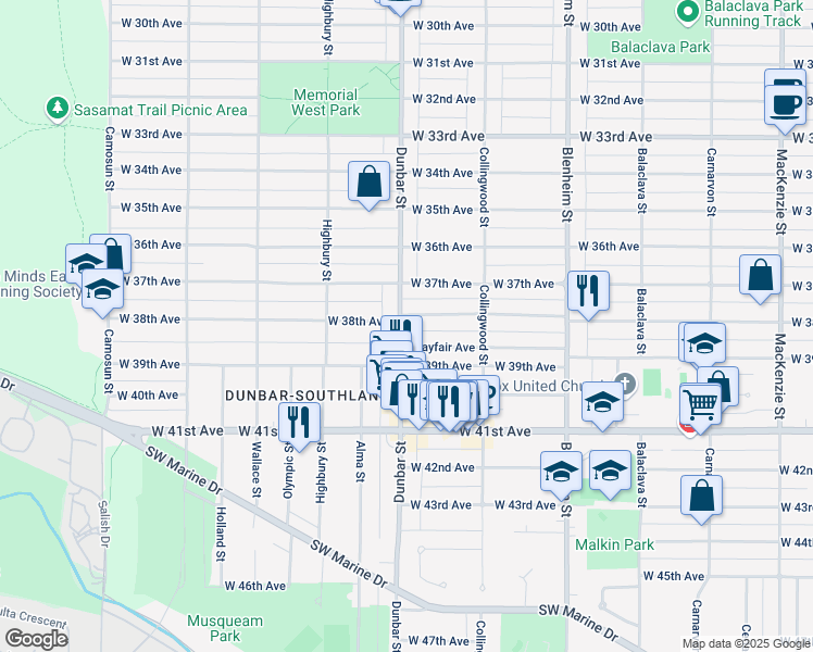 map of restaurants, bars, coffee shops, grocery stores, and more near 3594 West 38th Avenue in Vancouver