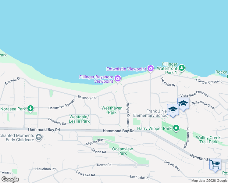 map of restaurants, bars, coffee shops, grocery stores, and more near 5358 Bayshore Drive in Nanaimo
