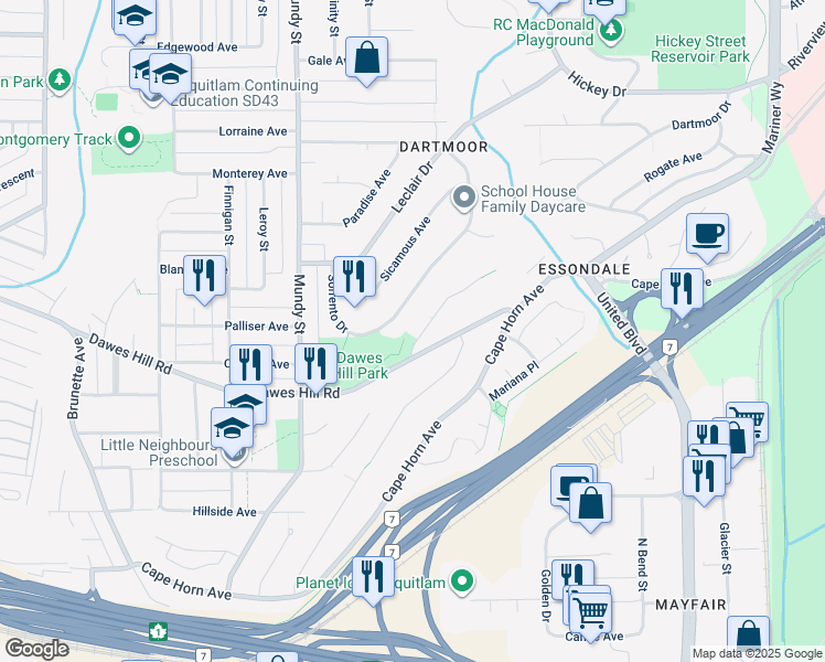 map of restaurants, bars, coffee shops, grocery stores, and more near 2233 Monashee Court in Coquitlam