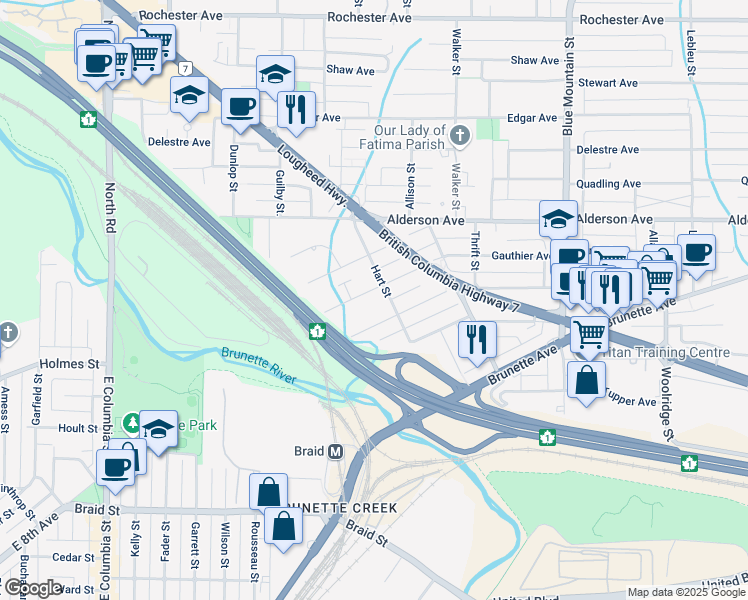 map of restaurants, bars, coffee shops, grocery stores, and more near 258 Hart Street in Coquitlam