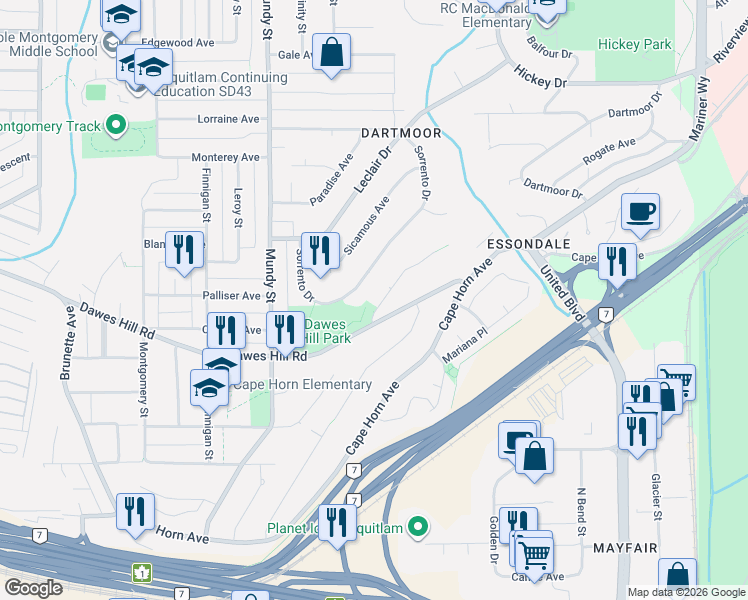map of restaurants, bars, coffee shops, grocery stores, and more near 2233 Monashee Court in Coquitlam