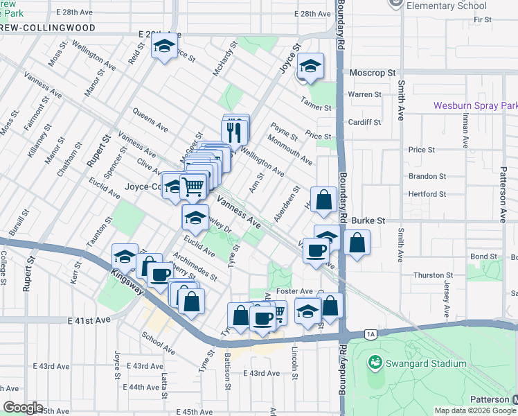 map of restaurants, bars, coffee shops, grocery stores, and more near in Vancouver