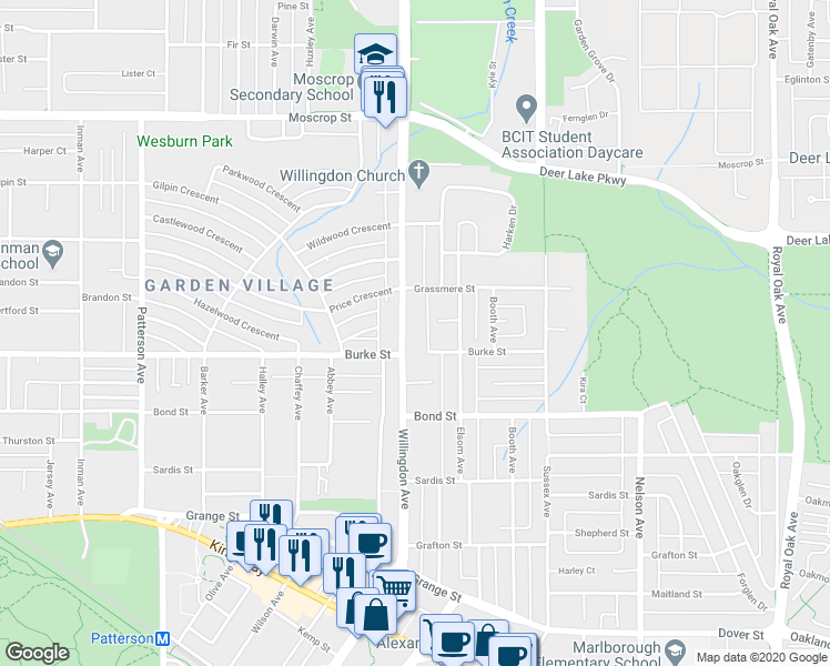map of restaurants, bars, coffee shops, grocery stores, and more near 5164 Willingdon Avenue in Burnaby